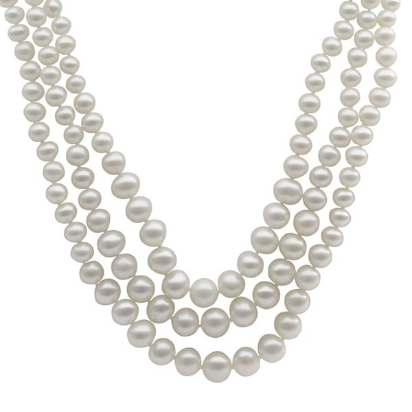 Pearls For You Sterling Silver White Freshwater Pearl Graduated 3-Strand Necklace (3.5-8.5 mm)