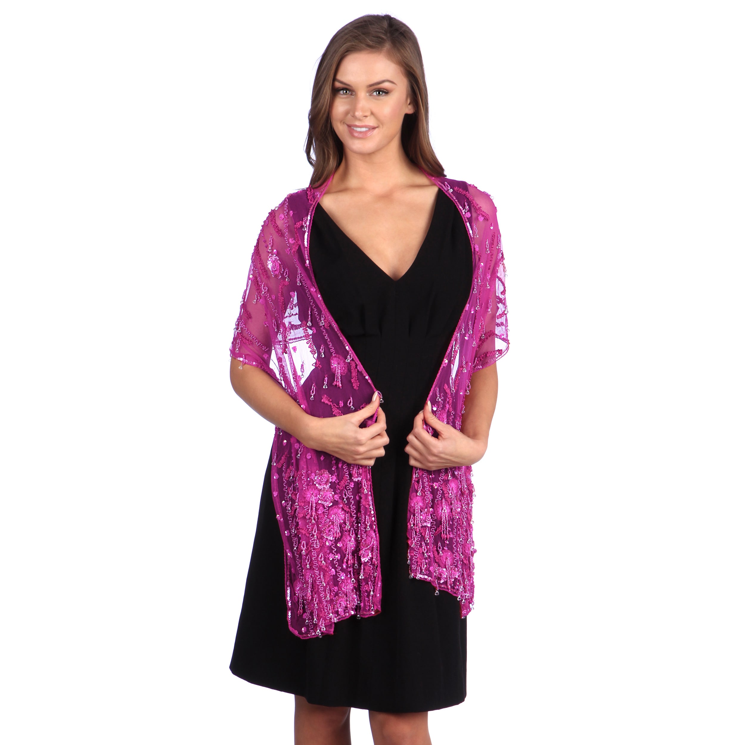 Selection Privee Paris Evening Dressy Fuchsia Beaded Silk Sheer Shawl Wrap