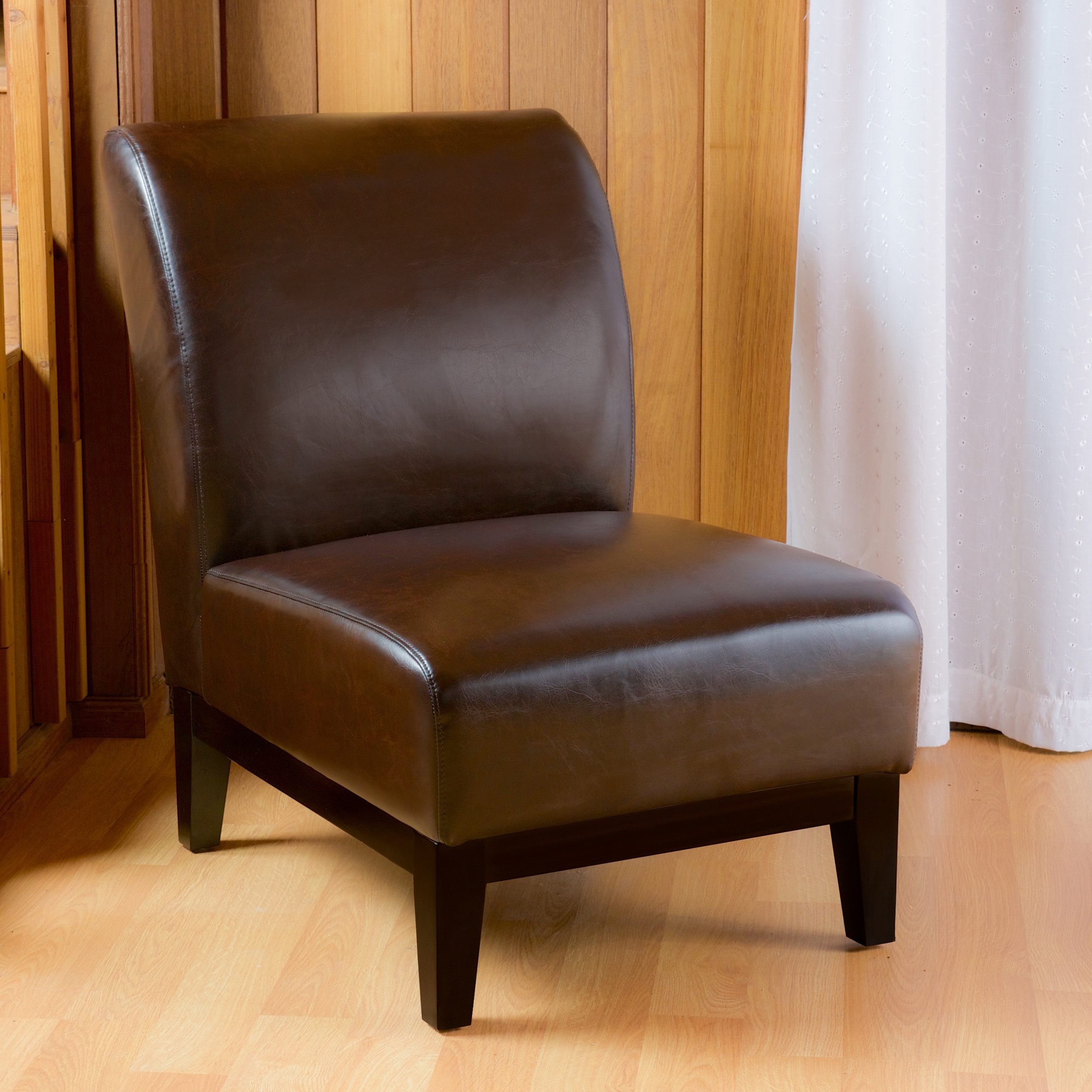 Christopher Knight Home Darcy Brown Leather Slipper Chair (BrownMatching wood legsSome assembly requiredDimensions 35.40 inches high x 24 inches wide x 33.50 inches deepSeat dimensions 17 inches high x 24 inches wide x 23.5 inches deep )