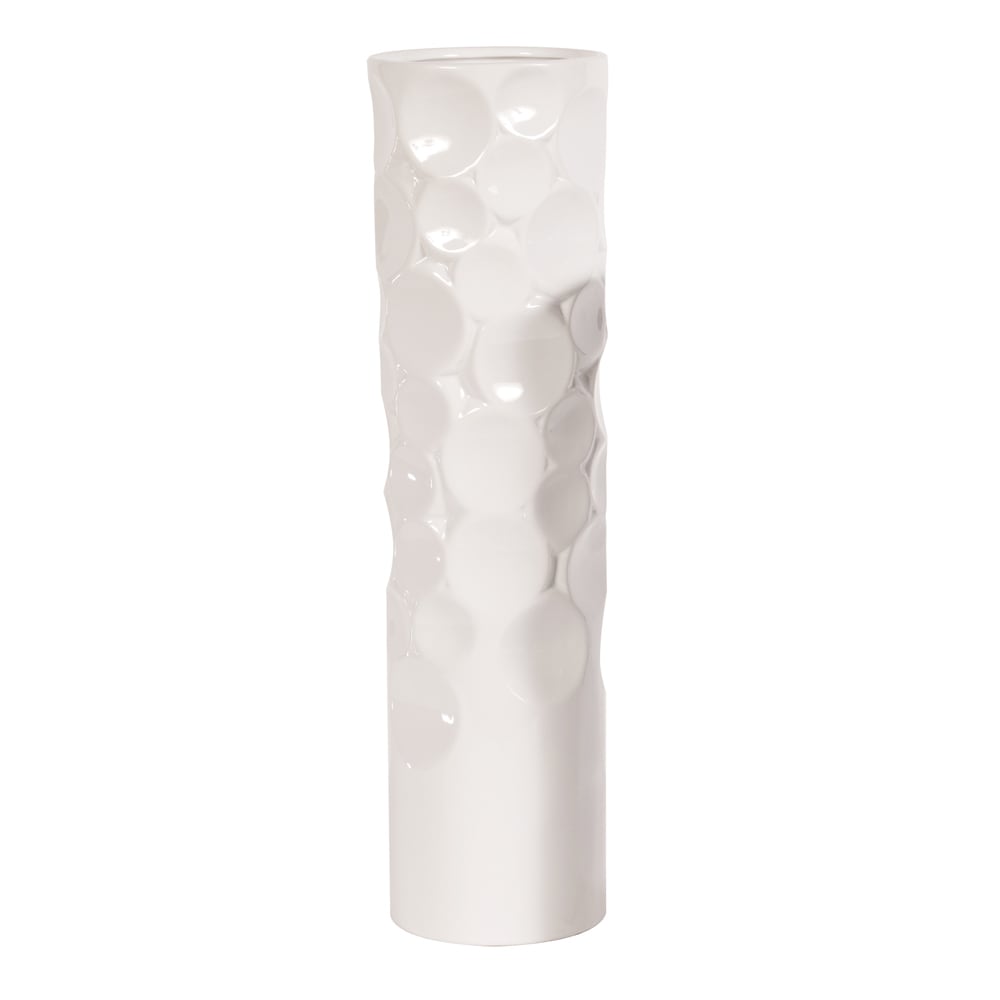 Tall Glossy White Hammered Ceramic Cylinder Vase