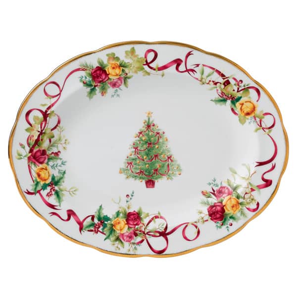 slide 1 of 1, Royal Albert Old Country Roses Christmas Tree Oval Platter 13"