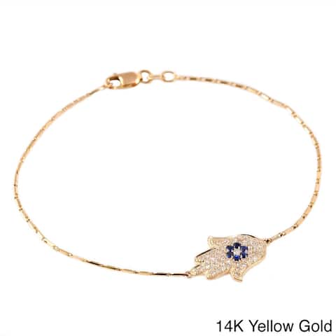 14k Gold 2/5ct TDW Diamond and Blue Sapphire Hamsa Bracelet by Beverly Hills Charm