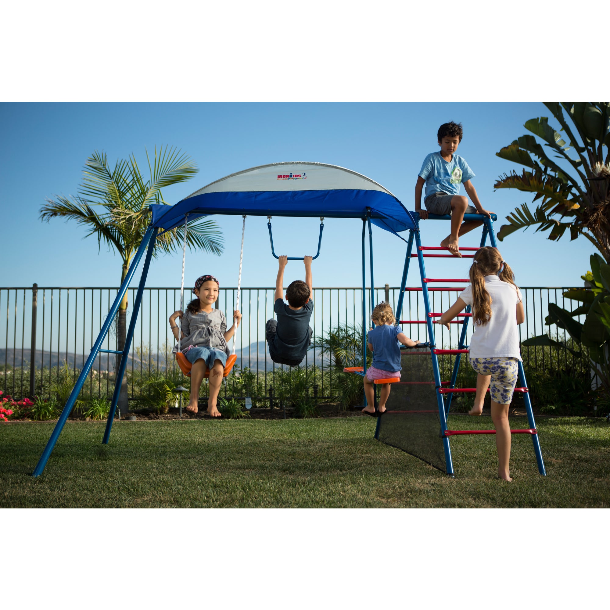 Ironkids Challenge 100 Play Set (Orange, blueOverall Dimensions 10.4 feet wide x 6 feet high x 6 feet deepWeight 85 poundsMonkey bar height dimensions 58 inchesSeat height dimensions 16 inchesGlider seat height dimensions 24 inchesMaximum weight capa