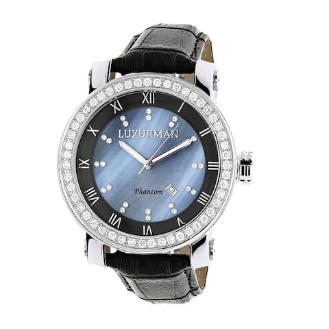 Luxurman Men's VS 4 ct Diamond Bezel Watch with Blue Mother of Pearl Dial