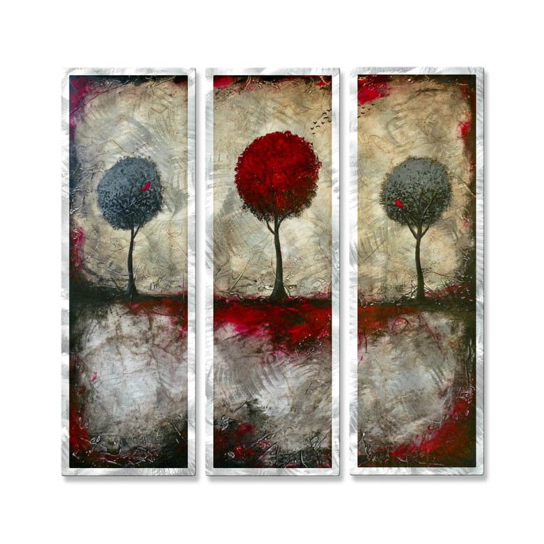 Brittney Hallowell The Beckoning Of Reds Forest Metal Art 3 panel Set (LargeSubject LandscapesMedium MetalOuter dimensions 23.5 inches high x 26 inches wide x 1 inches deep )