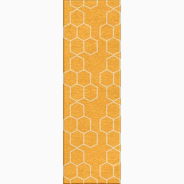 slide 1 of 1, Hand-Made Geometric Pattern Yellow/ Ivory Wool Rug (2.6x8)