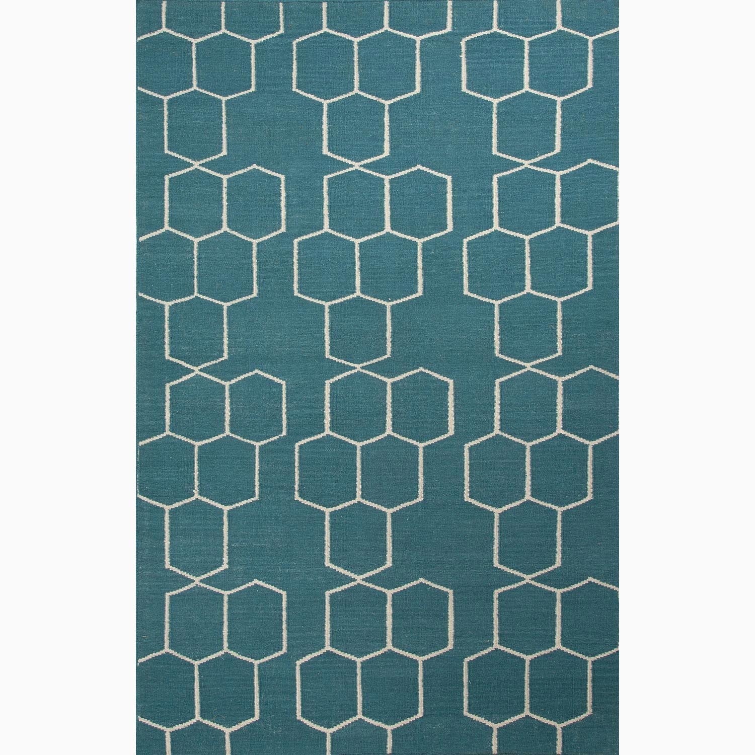 Handmade Contemporary Geometric Pattern Deep Lake Blue/ Ivory Wool Rug (3.6 X 5.6)