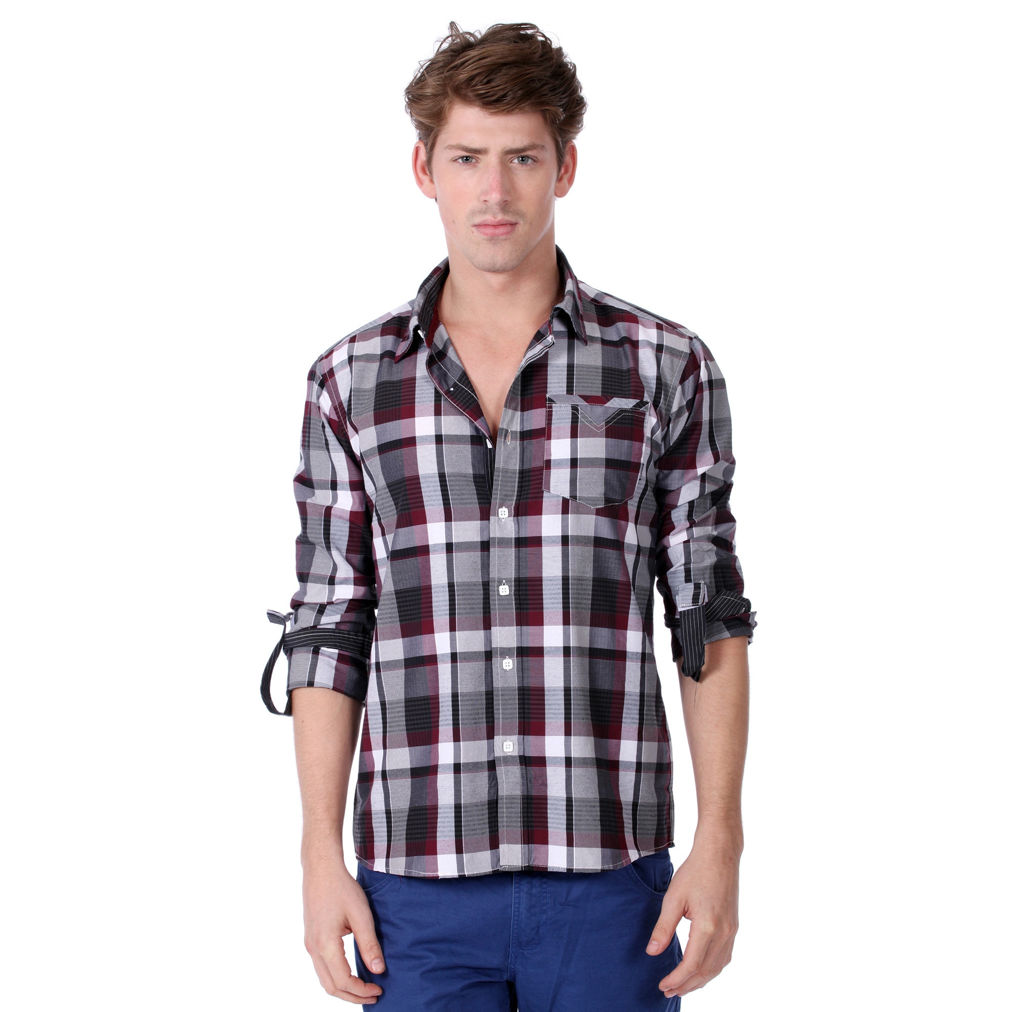 191 Unlimited Mens Slim Fit Grey Plaid Woven Shirt