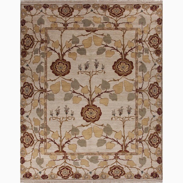 Hand Made Arts And Craft Pattern Ivory Red Wool Rug