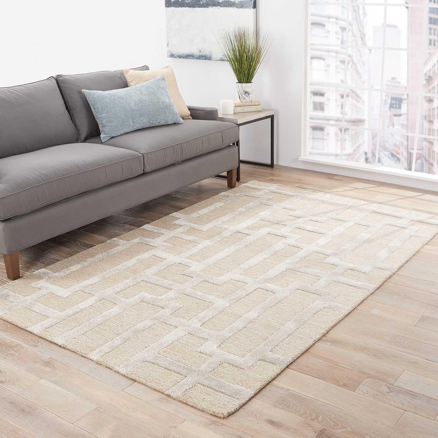 Handmade Geometric Pattern Taupe/ Gray Wool/ Art Silk Rug (36 X 56)