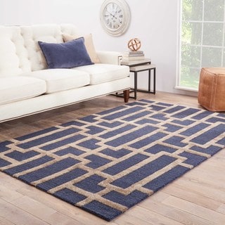 Hand Made Geometric Pattern Blue/ Gray Wool/ Art Silk Rug (9.6x13.6