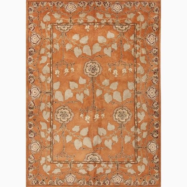 HandMade Arts and Craft Pattern Orange/ Green Wool Rug (9x12