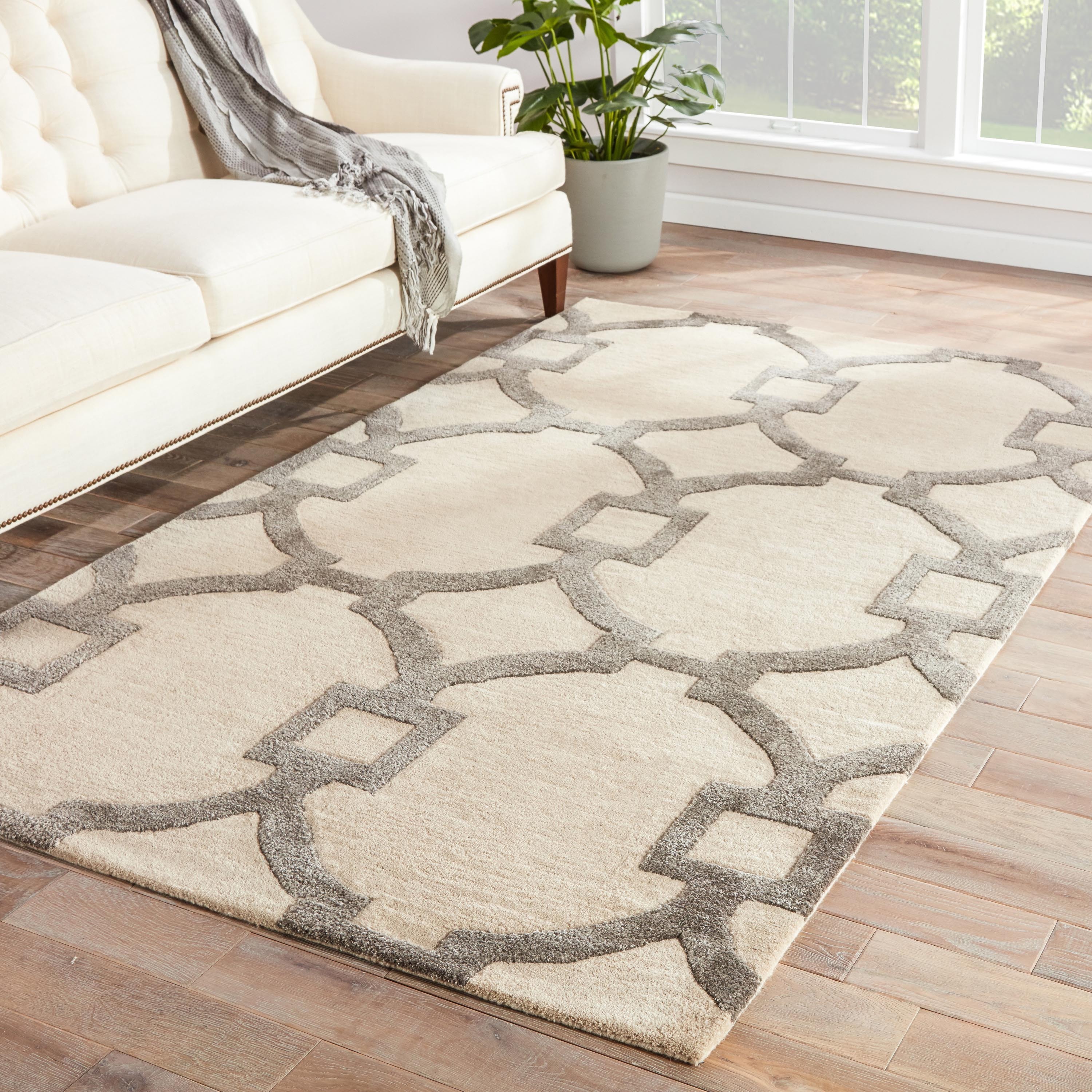 Handmade Geometric Pattern Ivory/ Gray Wool/ Art Silk Rug (36 X 56)