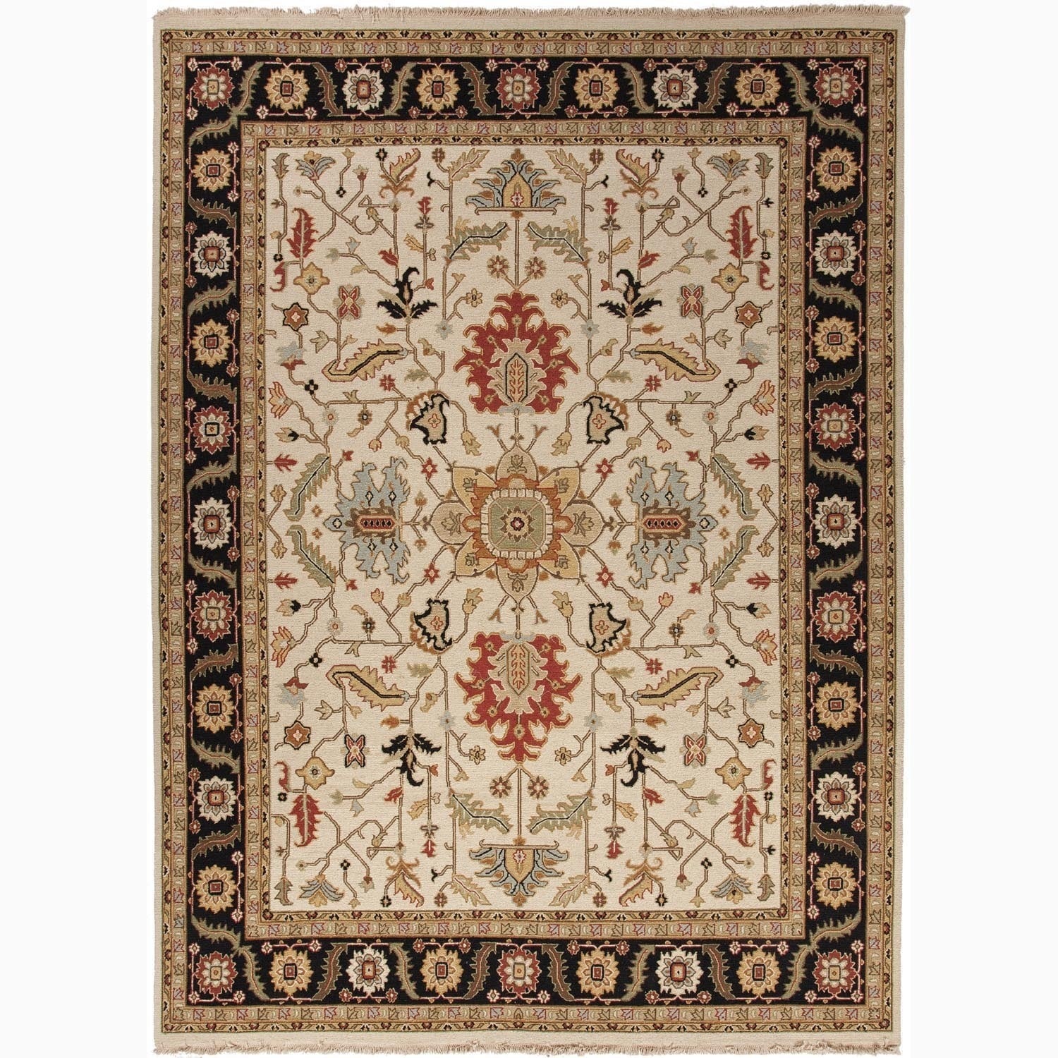 Hand made Oriental Pattern Ivory/ Black Wool Rug (6x9)