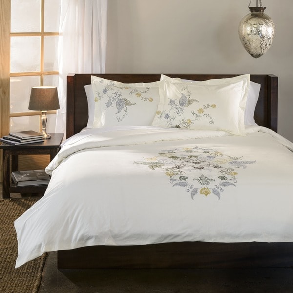 Superior Hyacinth Floral Embroidered Cotton 3-piece Duvet Cover Set