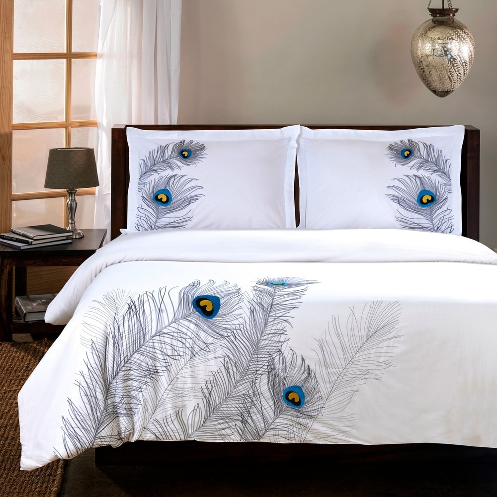 Superior Peacock 3-piece Embroidered Cotton Duvet Cover Set