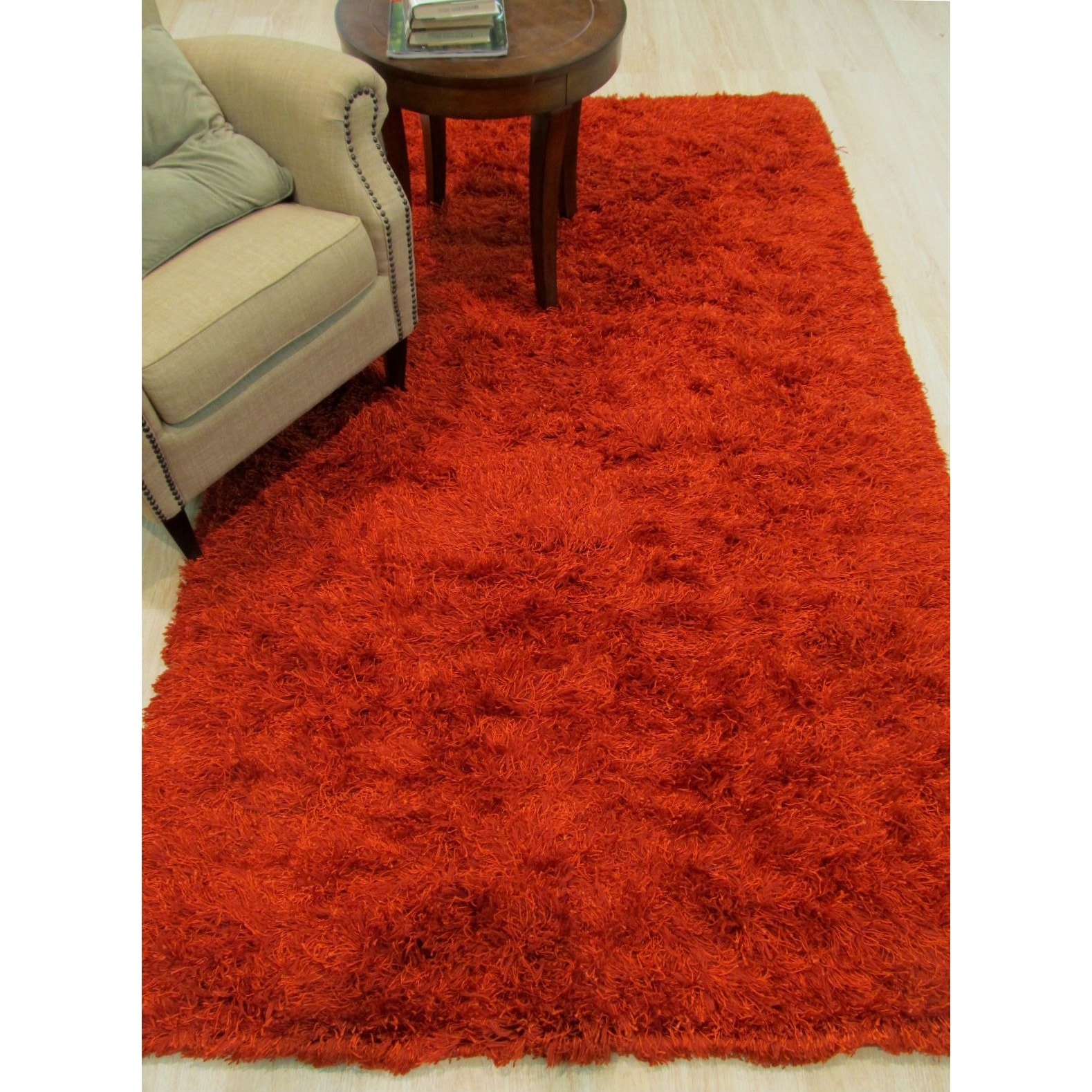 Handmade Burnt Orange Wool And Viscose Shaggy Rug (8 X 10)