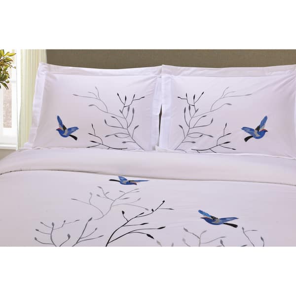 Shop Superior Swallow 3 Piece Embroidered Cotton Duvet Cover Set