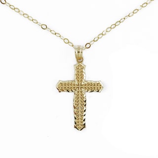 14k Yellow Gold Classic Diamond cut Cross Necklace Gold Necklaces