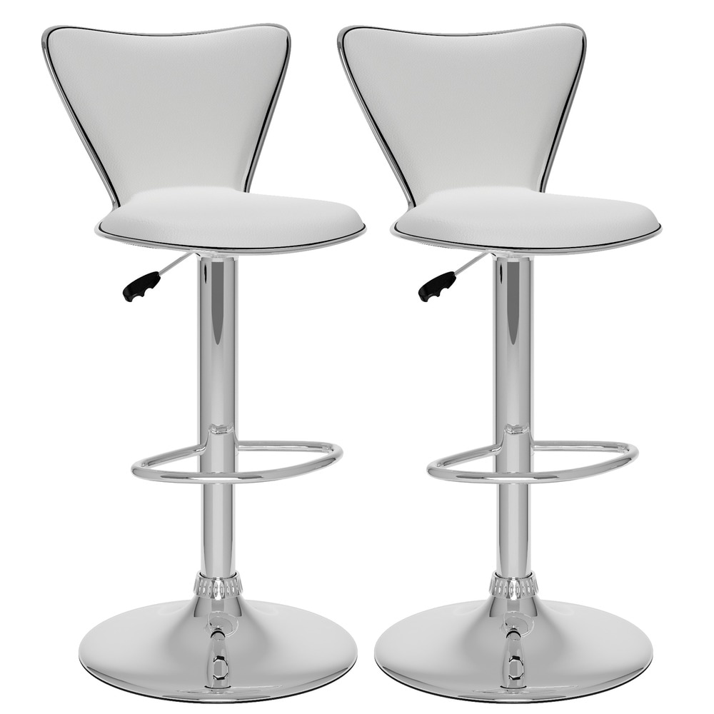 Two white bar stools with chrome pedestal bases shown side by side