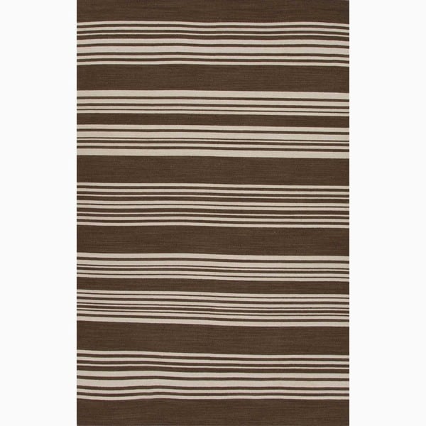 Hand Made Stripe Pattern Brown/ Ivory Wool Rug (4X6)