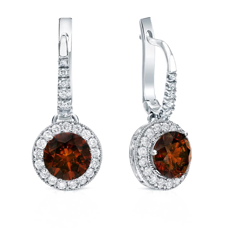 Auriya 14K Gold 5ct TDW Vintage Inspired Brown and White Halo Diamond Dangle Earrings (I1I-2)