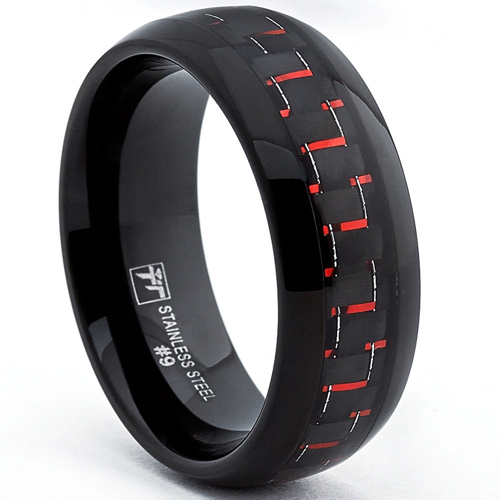 Stainless Steel Polished 8mm Black IP-plated Grey Carbon Fiber Inlay Band Size 8 Length Width 8