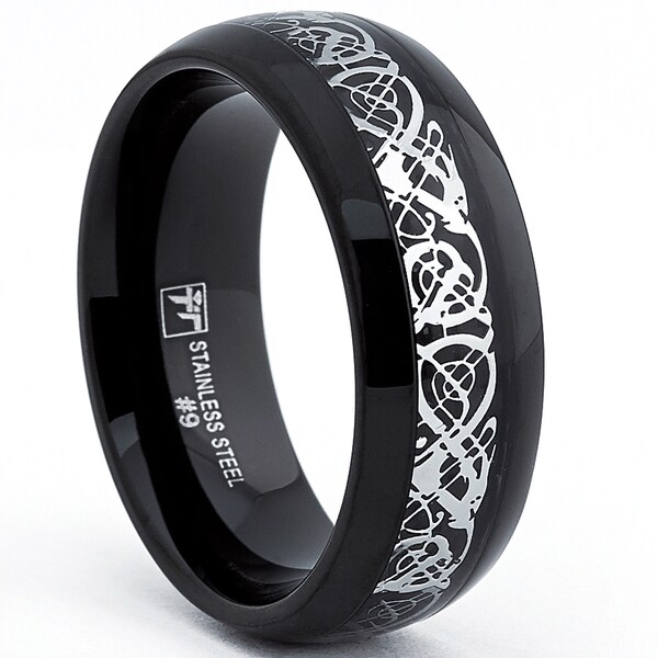 Shop Oliveti Stainless Steel Men's Black Silver Dragon Inlay Ring (8mm ...