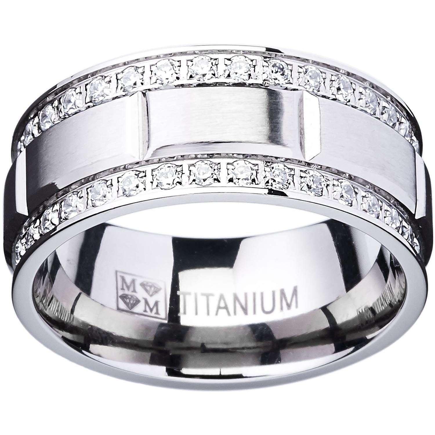Men's Titanium Ring Titanium & Silver Inlaid 7 Diamond Wedding Band 7mm