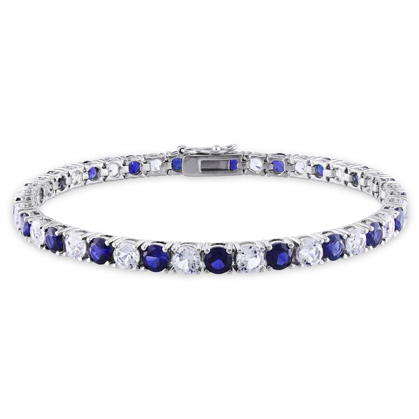 Miadora Sterling Silver Created Blue and White Sapphire Tennis Bracelet ...