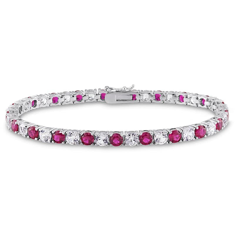 Miadora Sterling Silver Created White Sapphire and Ruby Tennis Bracelet