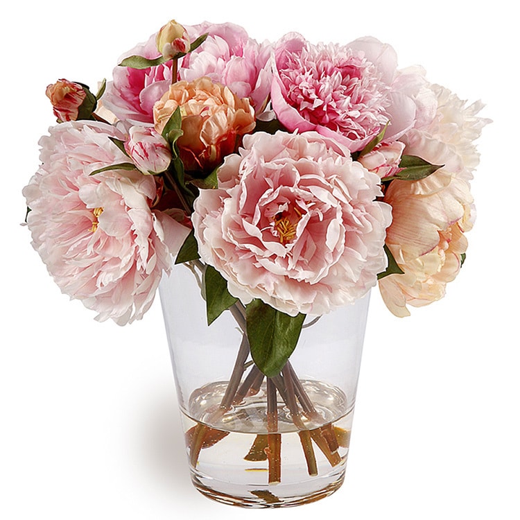 Peonies In Multicolor Glass Vase 13 inch Decorative Plant