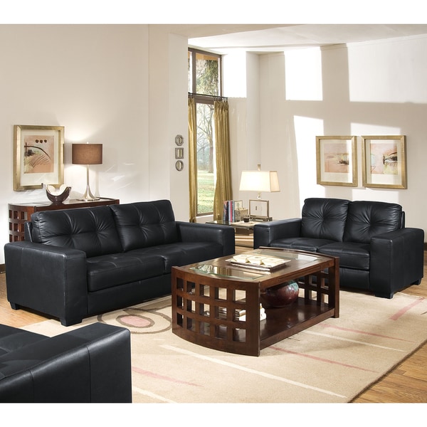 Whitney Black Leather Modern 2 piece Sofa Set with Bonus Cube Ottomans