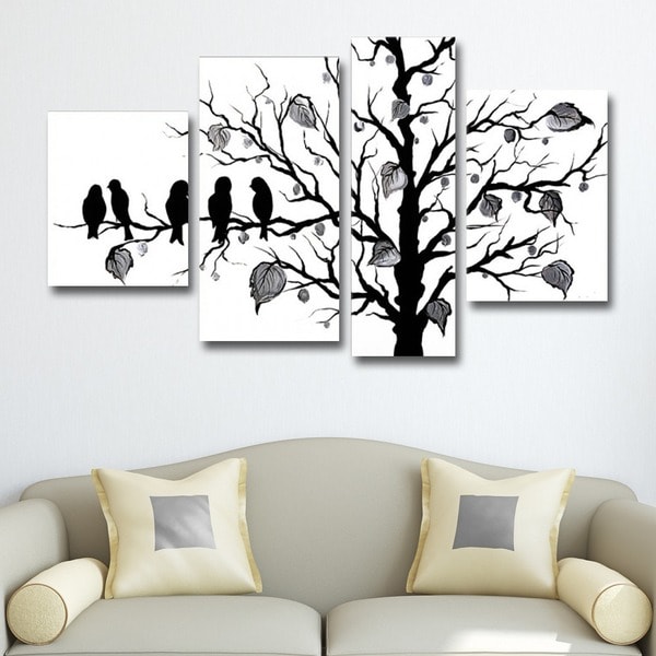 'Abstract Black Birds' 4-piece Hand Painted Canvas Art