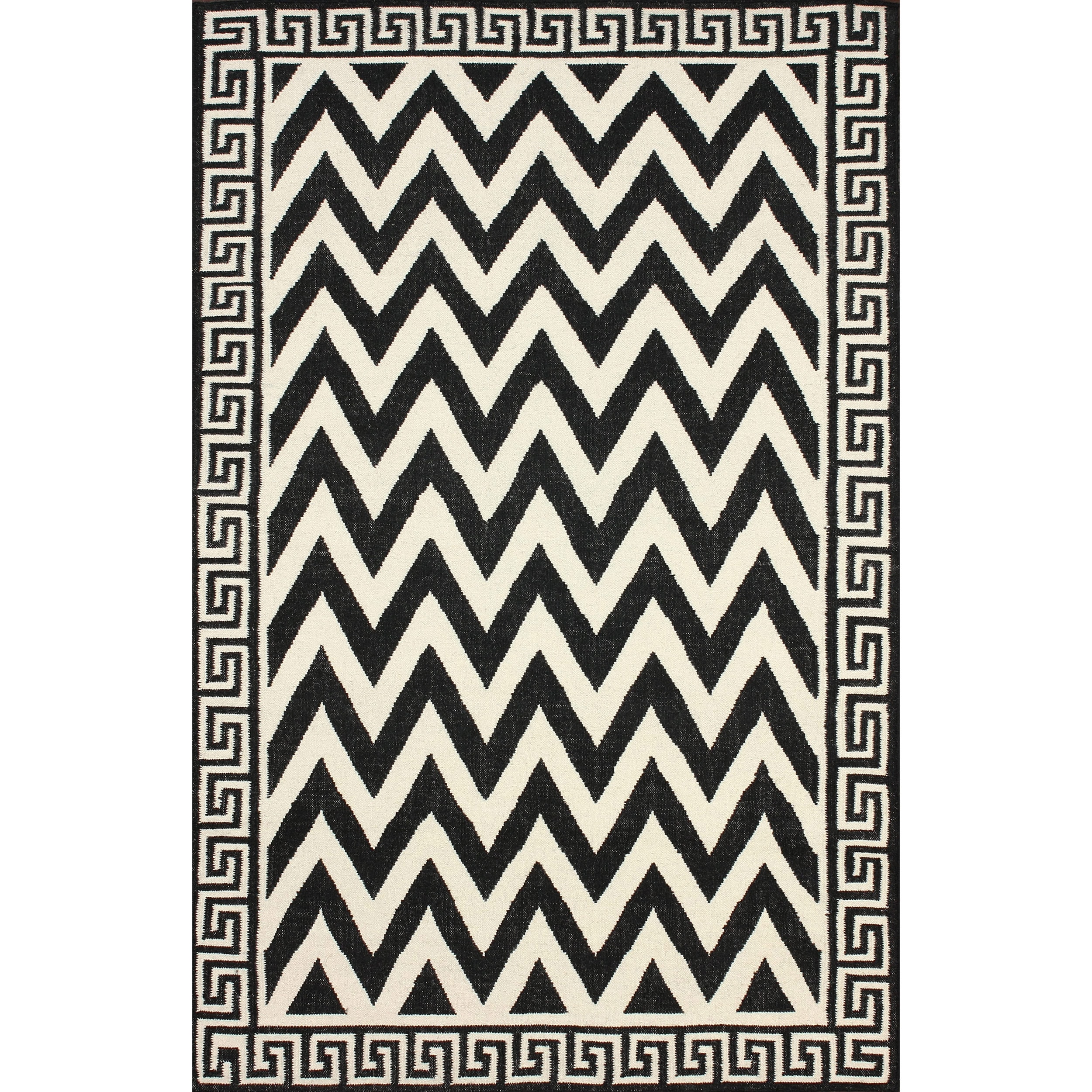 Nuloom Flatweave Black/ White Geo Border Chevron Wool Rug (5 X 8)