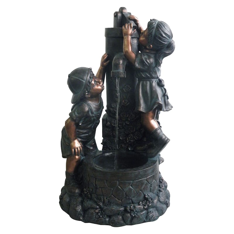 Pure Garden Boy and Girl Water Outdoor Fountain - 14.6 x 15.5 x 28