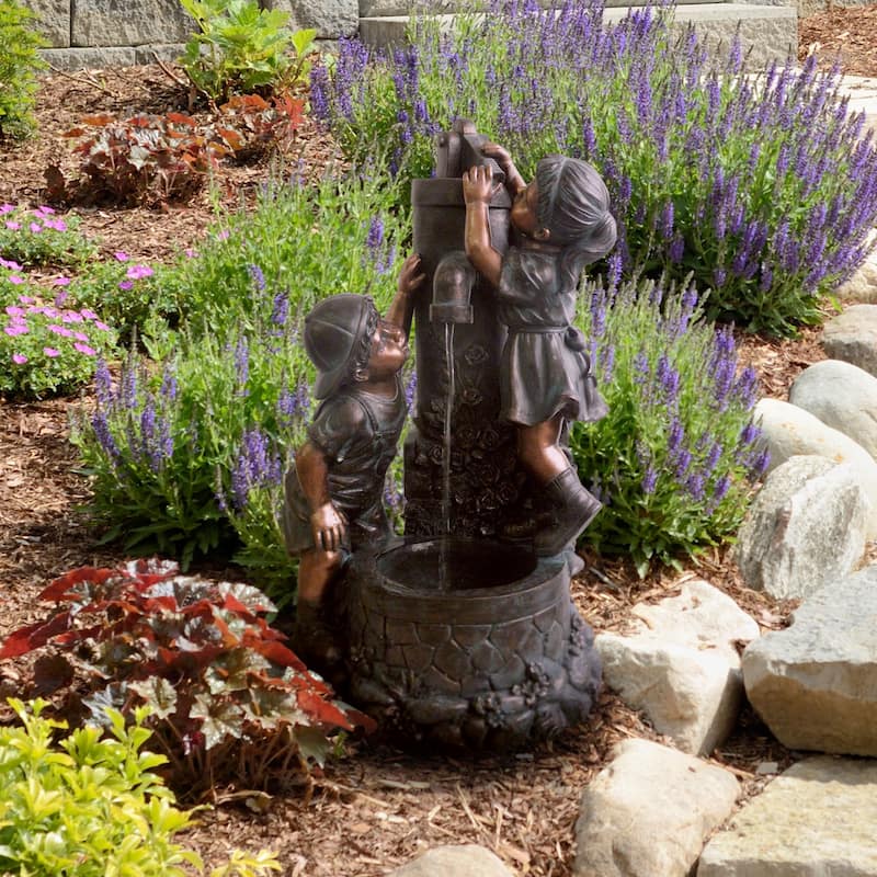 Pure Garden Boy and Girl Water Outdoor Fountain - 14.6 x 15.5 x 28