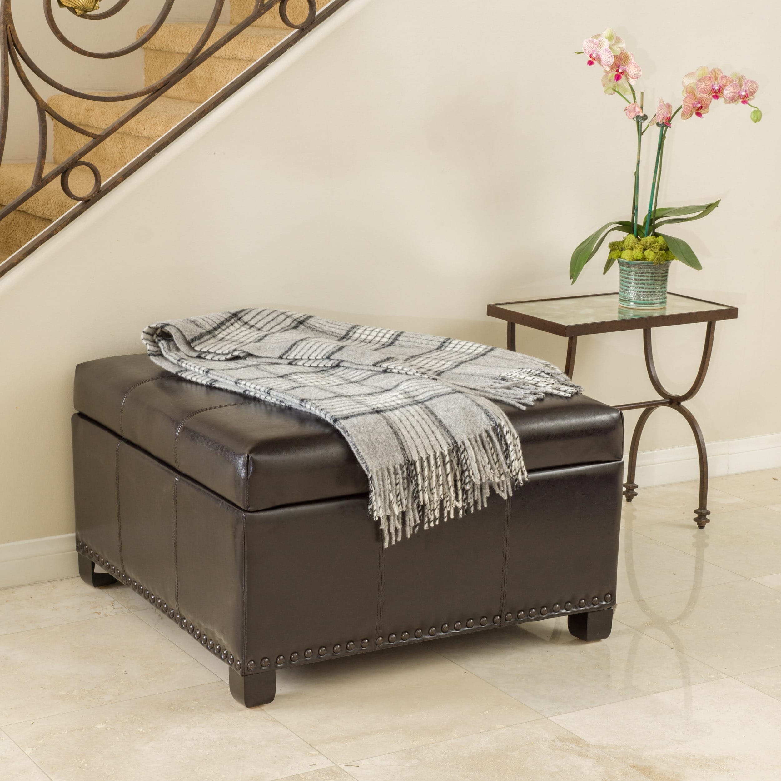 Christopher Knight Home Shauna Espresso Leather Interior Tray Storage Ottoman (EspressoFeatures Removable storage compartmentIncludes tufted padded top for extra seatingEspresso stained legsStudded accents line the perimeterSome assembly requiredDimensio