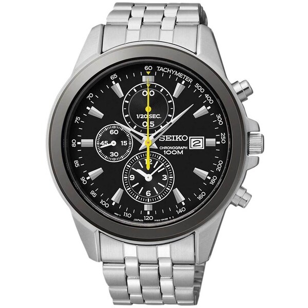 Shop Seiko Men's Chronograph Black Dial Yellow Accent Stainless Steel ...
