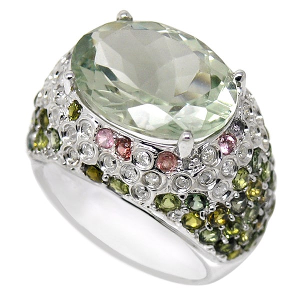 De Buman 9k White Gold Green Amethyst and 1/3ct TDW Diamond Ring (H-I, I1-I2) (Size 8.75)