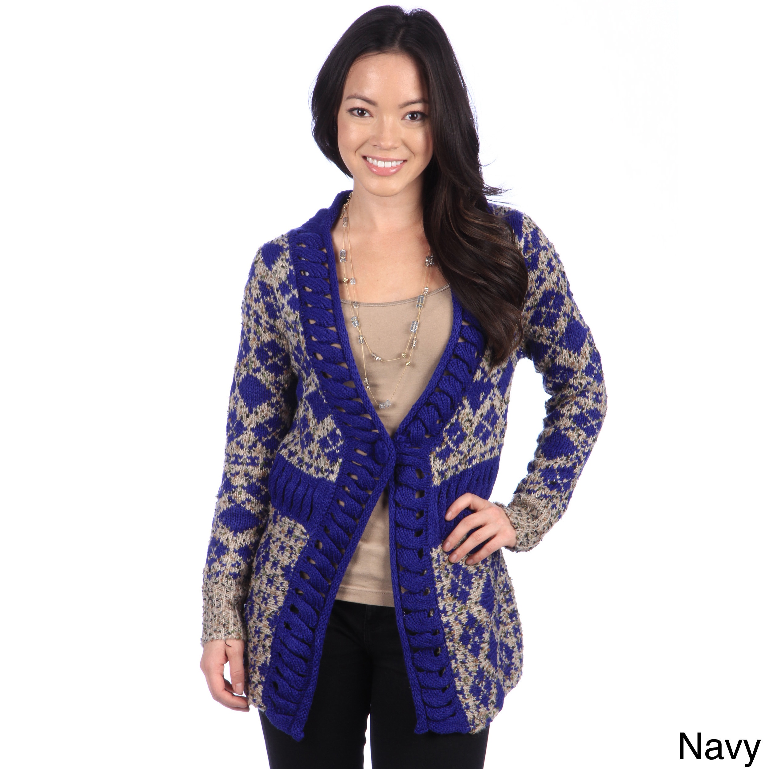 365 Apparel Hadari Womens Knit Diamond Print Cardigan Blue Size S (1  3)