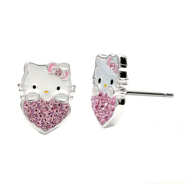 Hello Kitty Sterling Silver Plated Crystal Heart Stud Earrings