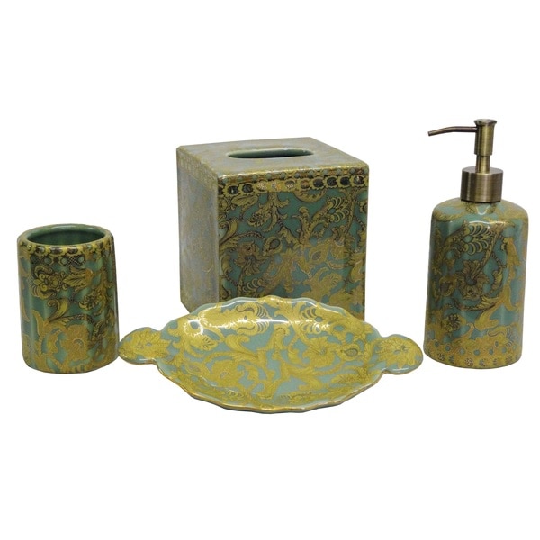 Aqua And Gold Scrolls Bath Accessory 4 Piece Set Free Aqua And Gold Scrolls Bath Accessory 4 Piece Set