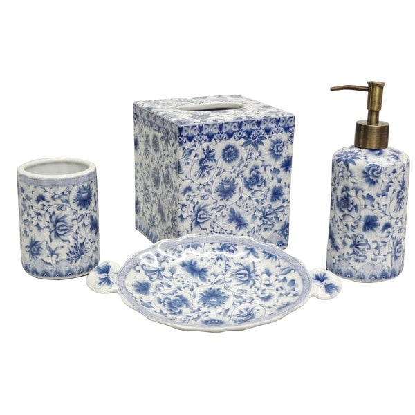 Blue and White Florettes Porcelain Bath Accessory 4-piece ...