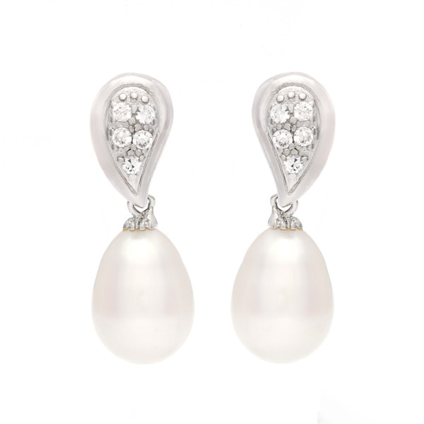 Shop Sterling Silver Freshwater Pearl and Cubic Zirconia Earrings (11 ...