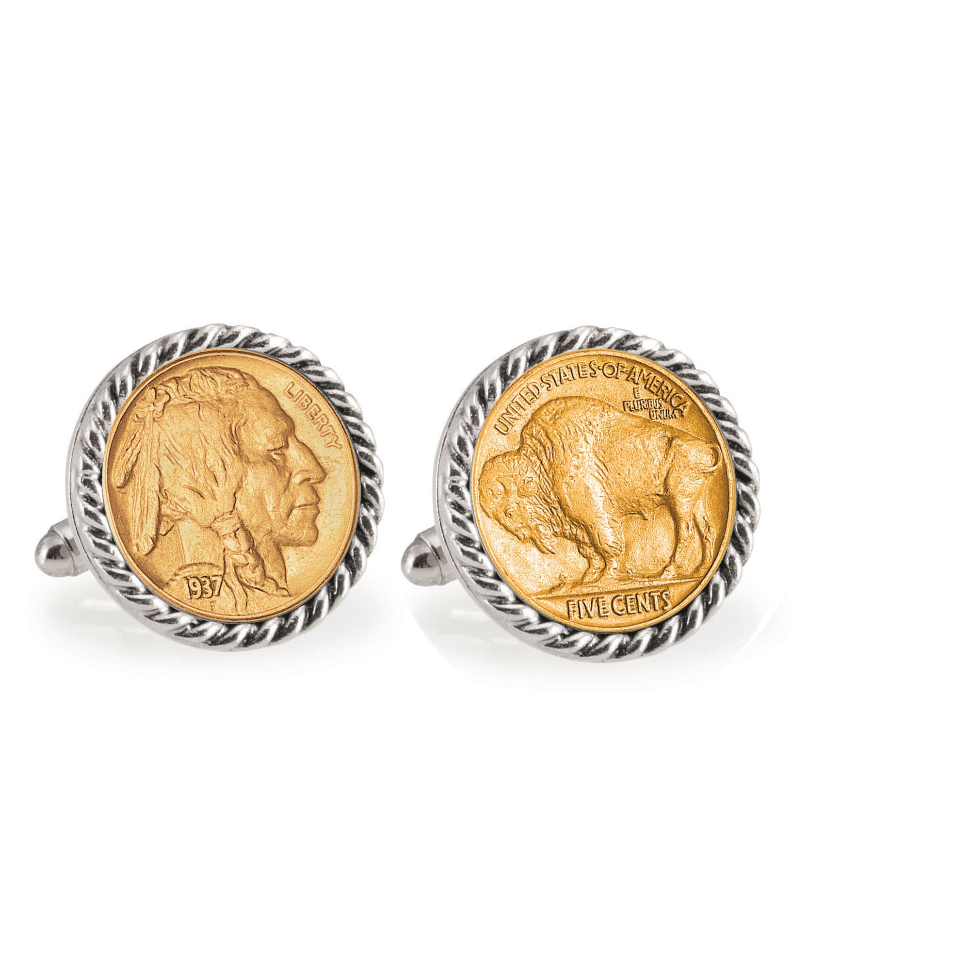American Coin Treasures Buffalo Nickel Goldtone Rope Bezel Coin Cuff Links