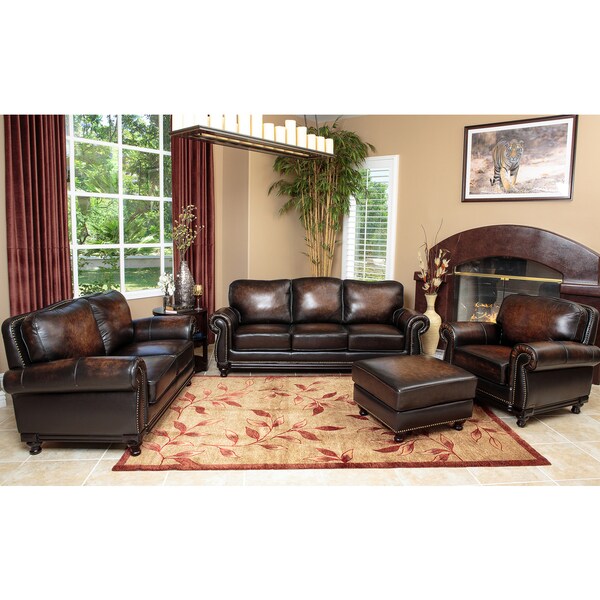 Palermo Hand Rubbed Brown Leather Sofa, Loveseat, Armchair, and Ottoman ...