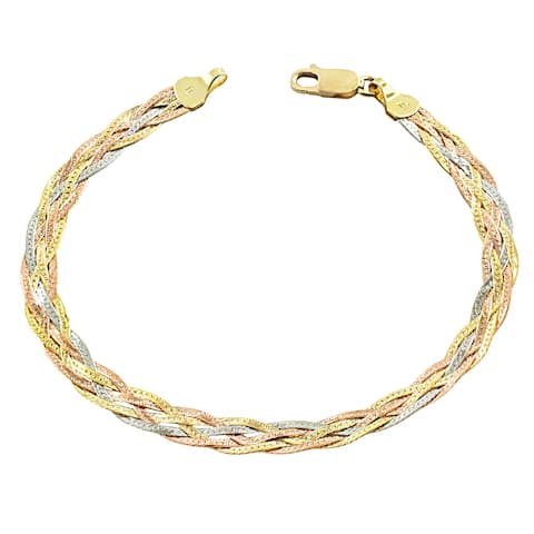 Fremada 10 Karat Tricolor Gold 5-strand Braided Herringbone Bracelet (7.5 inch)