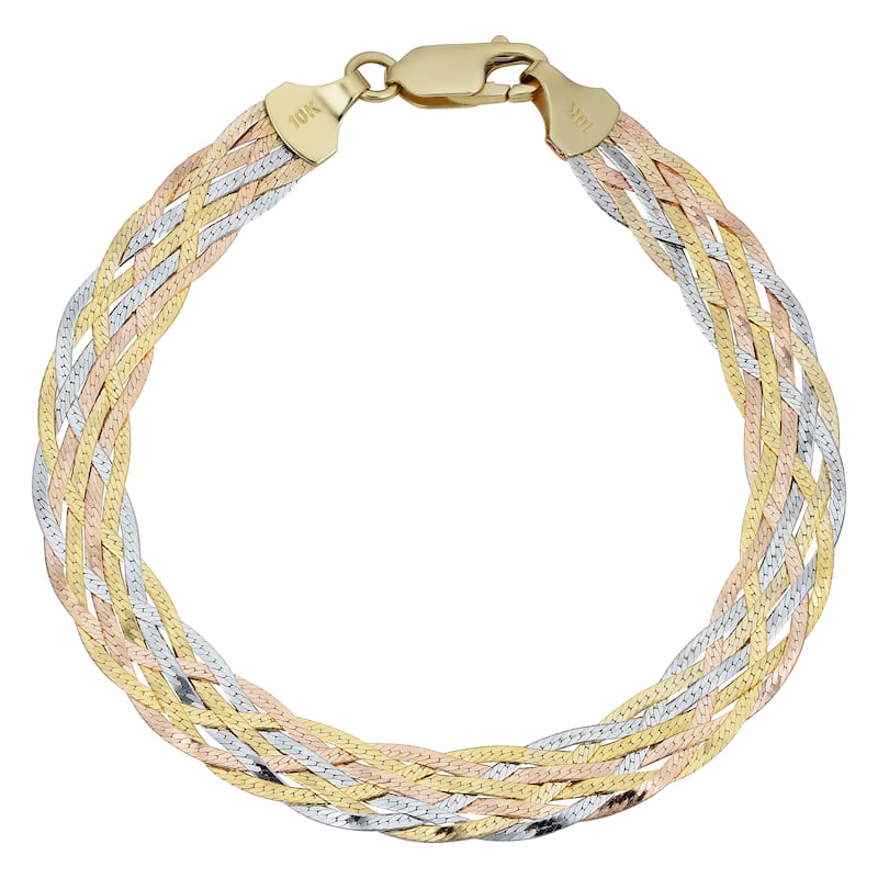 Fremada 10k Tricolor Gold 7-strand Braided Herringbone Bracelet (7.5-inch)