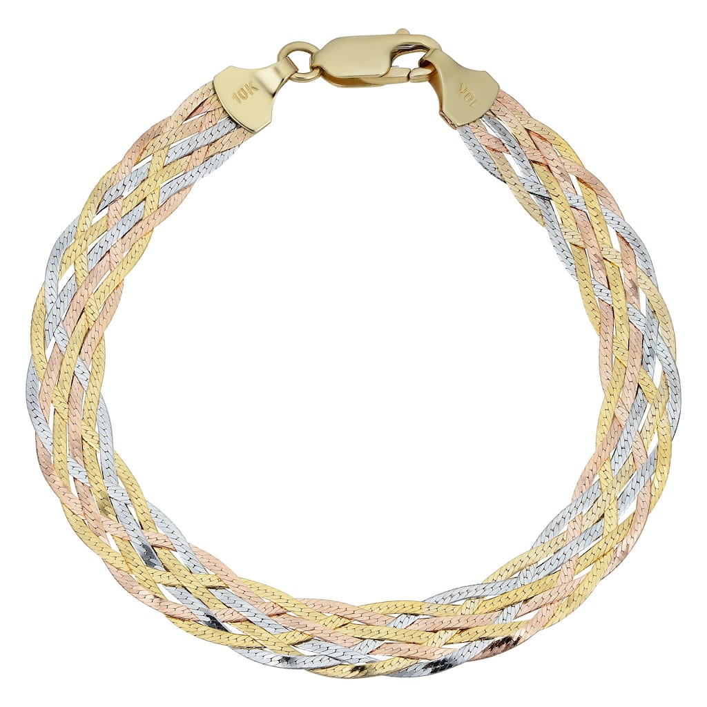 Fremada 10k Tricolor Gold 7-strand Braided Herringbone Bracelet (7.5-inch)
